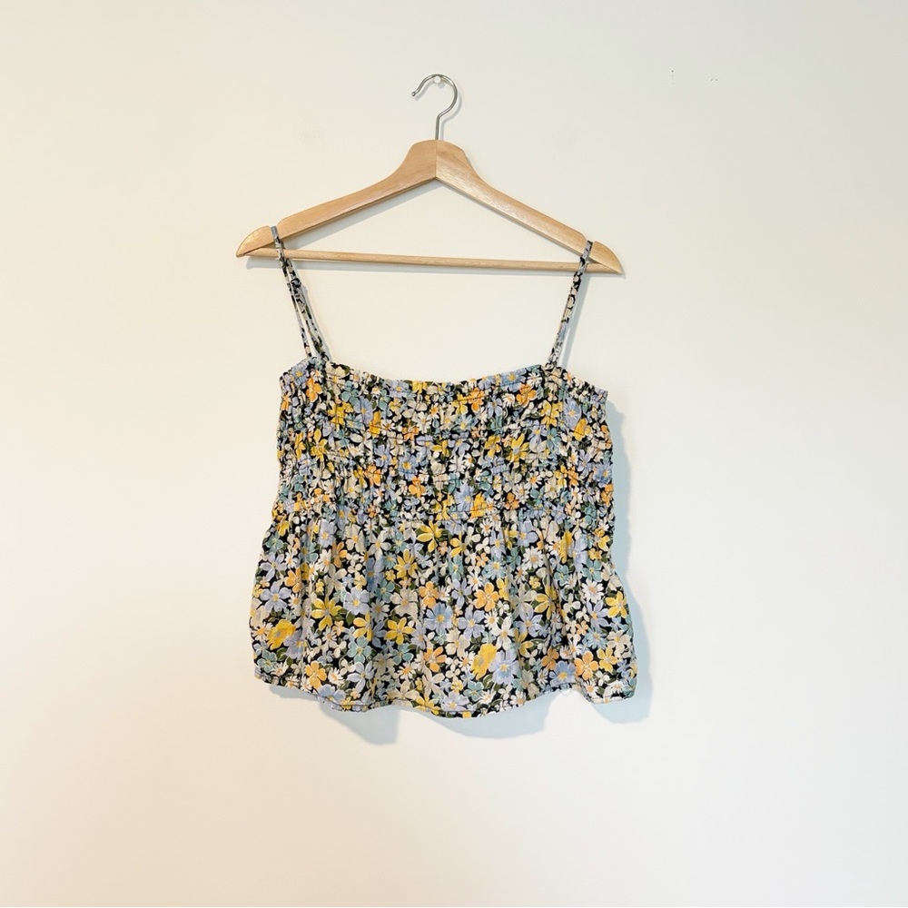 American Eagle Blue & Yellow Floral Print Adjustable Strap Tank Top